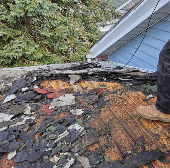 Old roofing layers being torn off to reveal damaged roof decking beneath an overlay.