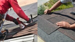 Roofing contractor repairing asphalt shingles and flashing on a Quad Cities home roof